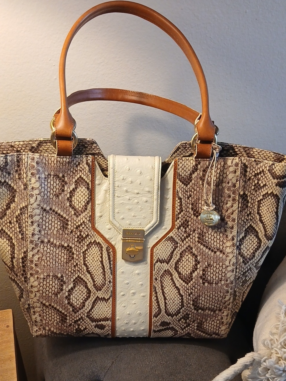 Brahmin Exotic Anaconda And Ostrich Leather Tote